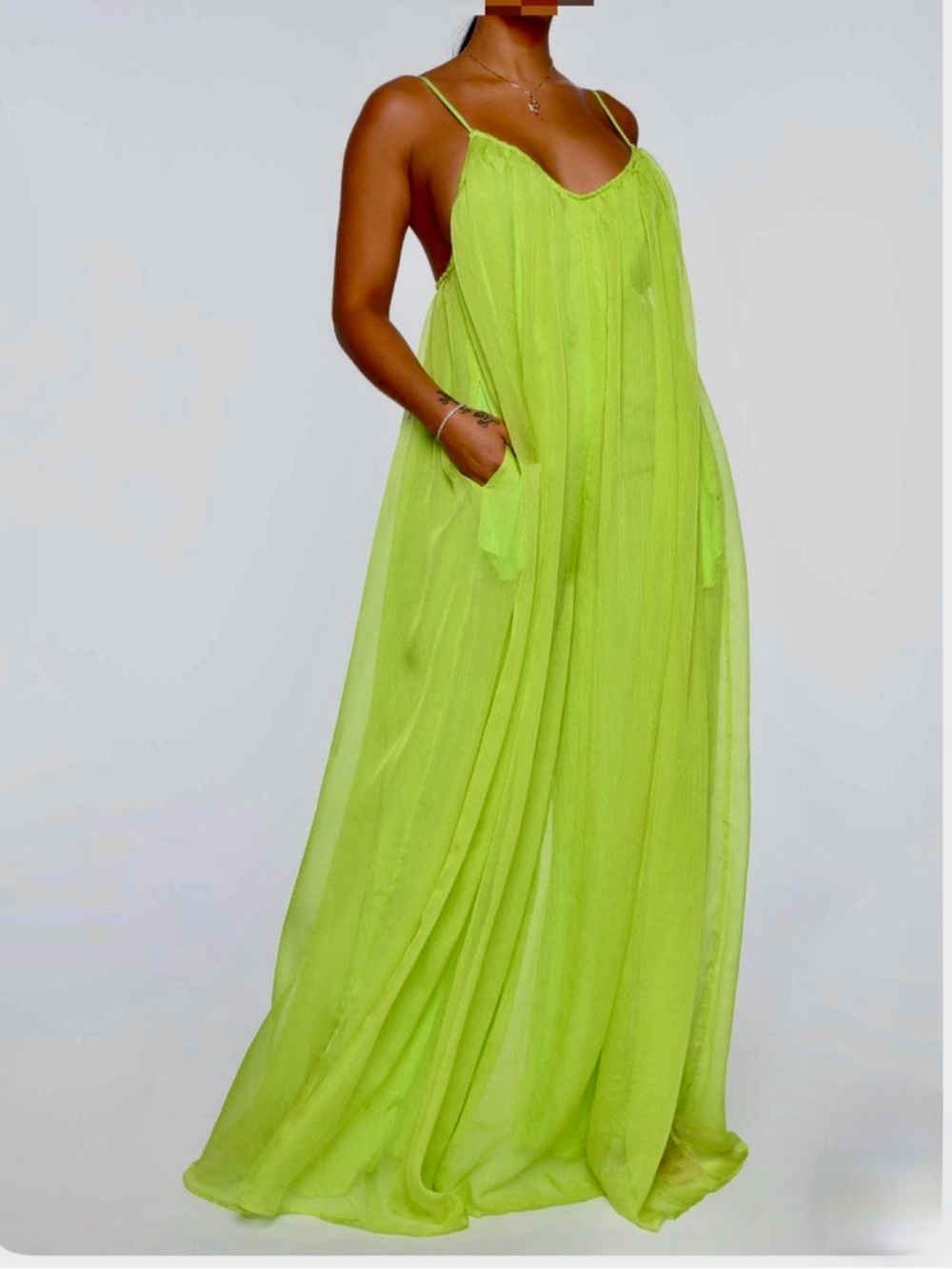 NWT Neon Lime Green Chiffon Wide Leg Open Back Jumpsuit with Pockets